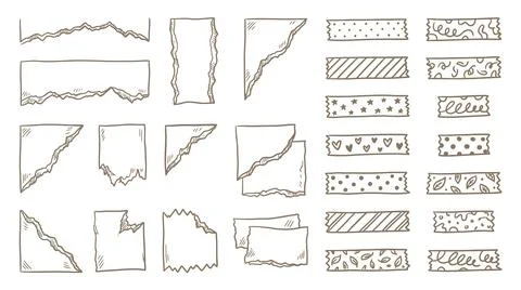 Torn paper edges and decorative washi tape strips collection in brown line ar Stock Illustration