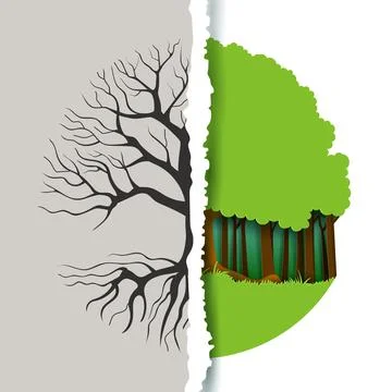 Torn paper edges of half dead and green eco forest, save the world and green  Stock Illustration