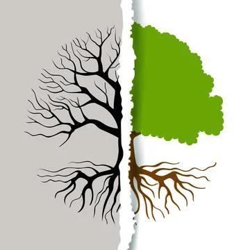 Torn paper edges of half dead and wither green tree, save the world and green Stock Illustration