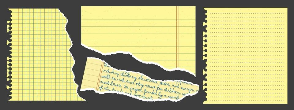 Torn paper elements with rough, uneven edges. Ripped yellow notebook page s.. Stock Illustration