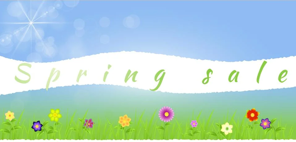 Torn paper middle spring landscape with flowers,grass Stock Illustration