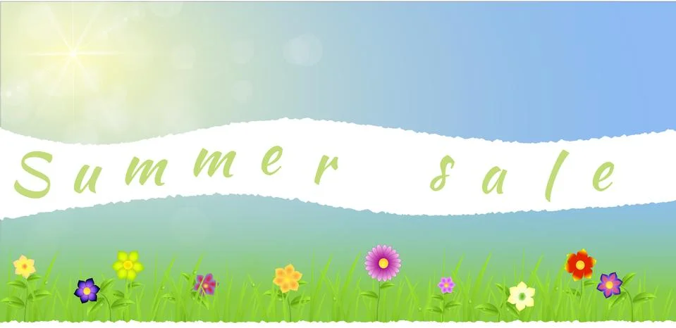 Torn paper middle spring landscape with flowers,grass Stock Illustration