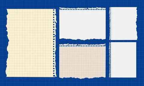 Torn paper note set on blue grid backdrop for scrapbooking and labels Stock Illustration