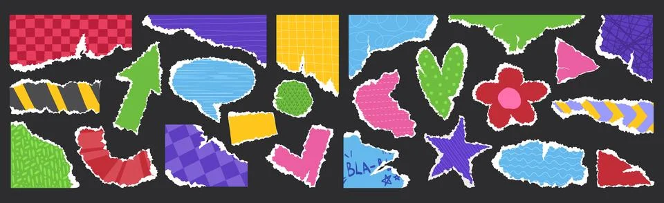 Torn paper notes set isolated on black background Stock Illustration