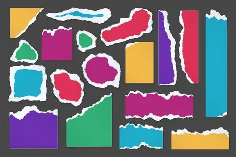 Torn paper pieces of different shapes and colors, frames with ripped white edges 스톡 일러스트