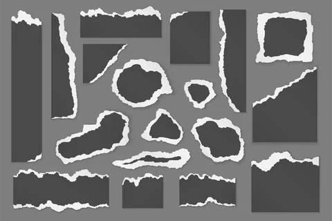 Torn paper pieces of different shapes and colors, frames with ripped white edges Stock Illustration