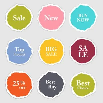 Torn paper round sticker, label, banner set. Stock Illustration