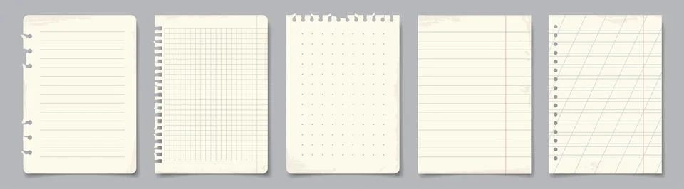 Torn paper sheets from notepad. Checkered or striped pages with texture. Design Illustrazione stock