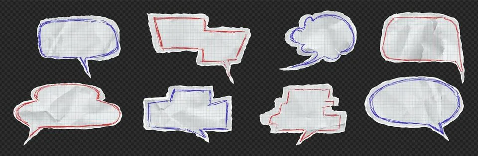 Torn paper speech bubble kit bundle with retro style. White notebook sheet set Stockillustratie
