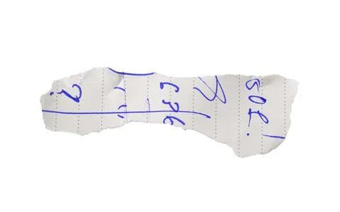 Torn paper strip from notepad with blue handwritten notes, numbers, lines, an Stock Photos