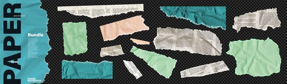 Torn paper texture vector bundle. White green, blue, beige newspaper rip pieces, Stock Illustration