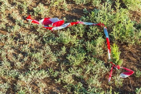 Torn protective tape on grass. plastic tape with stripes 写真素材