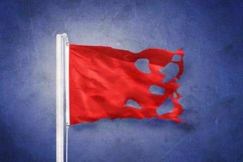 Torn Red flag flying against grunge background Stock Illustration