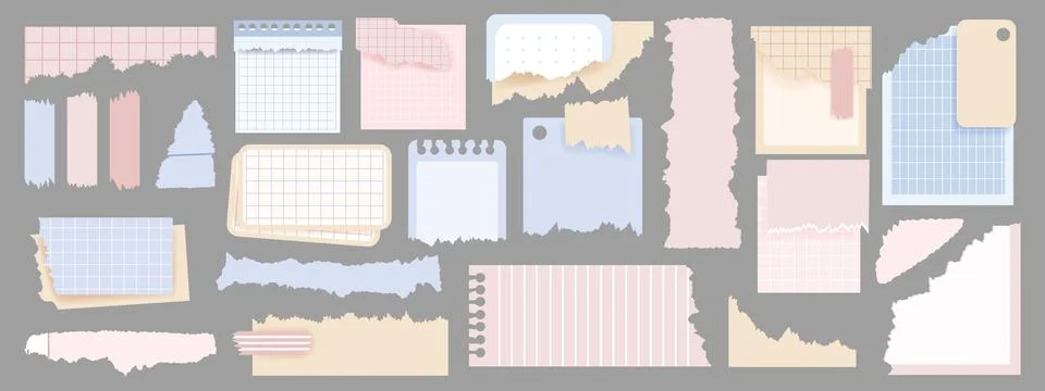 Torn rip paper set, texture edge note piece, vector white scrapbook strips Illustrazione stock