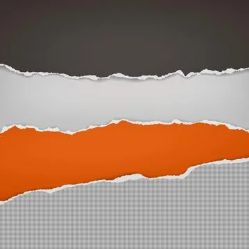 Torn, ripped dark grey and orange paper strips with soft shadow are on white Stock Illustration