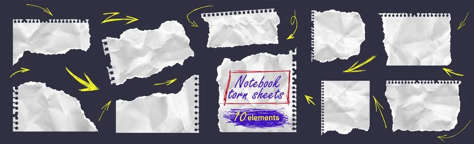 Torn ripped notebook papers with cut sheets cutout collage piece. Realistic Stock Illustration