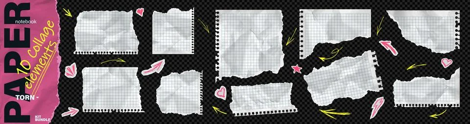 Torn ripped notebook square grid papers teture with cut sheets collage piece. イラスト素材