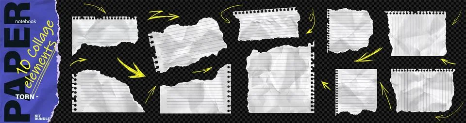 Torn ripped notebook stroke grid papers teture with cut sheets collage piece. Stock Illustration