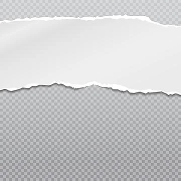 Torn, ripped piece of horizontal white paper with soft shadow is on squared grey Stock Illustration