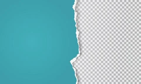 Torn, ripped piece of vertical blue paper with soft shadow are on squared white Stock Illustration