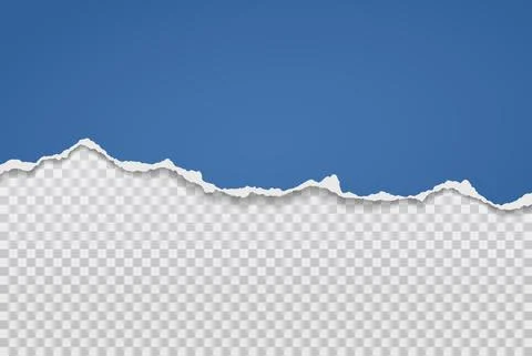 Torn, ripped piece of vertical blue paper with soft shadow is on white squared Stock Illustration