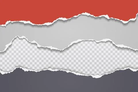 Torn, ripped pieces of horizontal grey, red paper with soft shadow are on white Stock Illustration