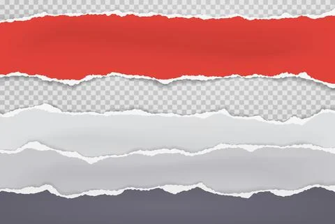 Torn, ripped pieces of horizontal red and white paper with soft shadow are on Stock Illustration