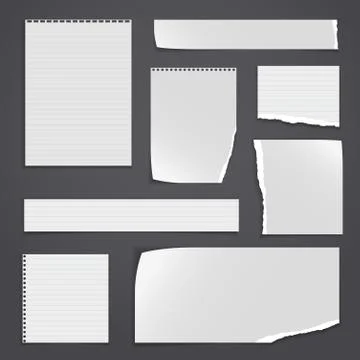 Torn, ripped pieces of note, notebook white paper pieces with soft shadow are on Stock Illustration