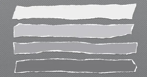 Torn, ripped white, grey paper strips with soft shadow are on dark transparent Stock Illustration