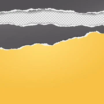 Torn, ripped yellow and dark grey paper strips with soft shadow are on squared Stock Illustration