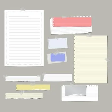 Torn ruled, note, notebook, copybook paper strips, sheets stuck with sticky tape Stock Illustration