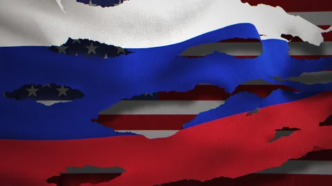 Torn Russian flag layered over United States flag animation Stock-Footage 347415751