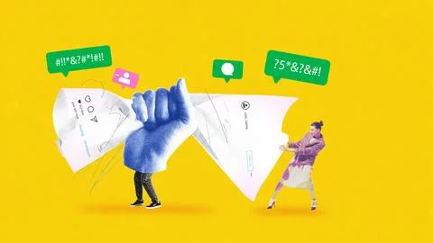 Torn social media post between two users reflects internet conflicts, online Stock Photos