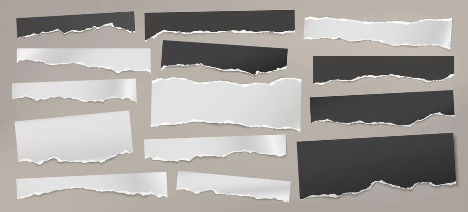 Torn of white and black note, notebook paper strips and pieces stuck on grey Stock Illustration