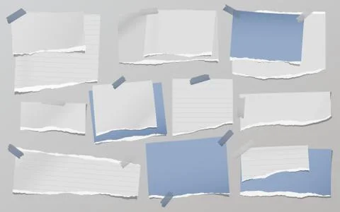 Torn of white and blue note, notebook paper strips, pieces stuck on grey Stock Illustration