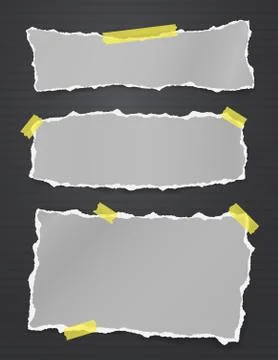 Torn white and blue note, notebook paper strips and pieces stuck on grey Stock Illustration