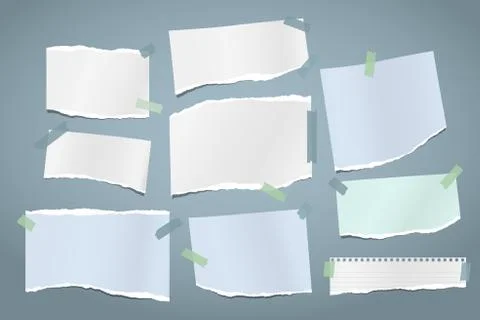 Torn of white and blue note, notebook paper strips and pieces stuck with sticky Stock Illustration