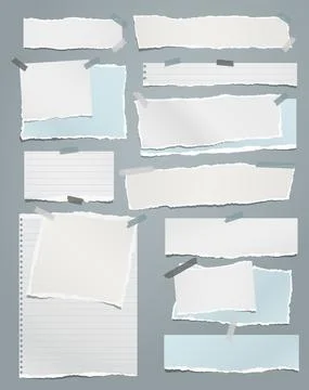 Torn white and blue note, notebook paper strips and pieces stuck on grey Stock Illustration