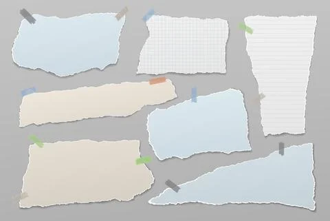 Torn white and blue note, notebook paper strips and pieces stuck on grey Stock Illustration