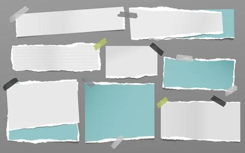 Torn white and blue note, notebook paper strips and pieces stuck with sticky Stock Illustration