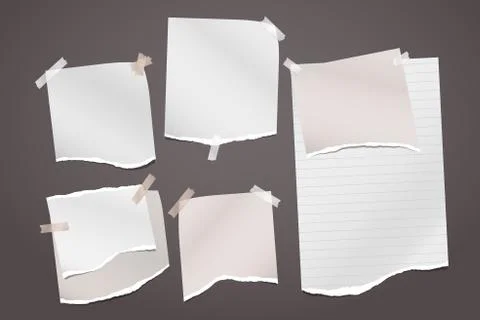 Torn of white and brown note, notebook paper strips and pieces stuck with sticky Stock Illustration