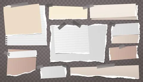 Torn white and brown note, notebook paper strips and pieces stuck with sticky Stock Illustration