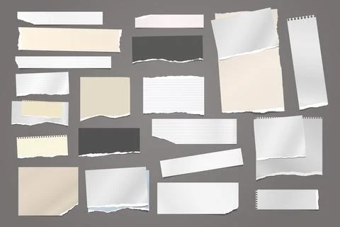 Torn white and brown note, notebook paper strips and pieces stuck on dark grey Stock Illustration