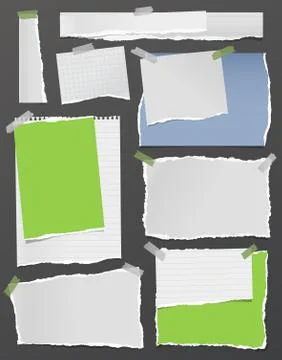 Torn white and colorful note, notebook paper strips and pieces stuck on black Illustrazione stock