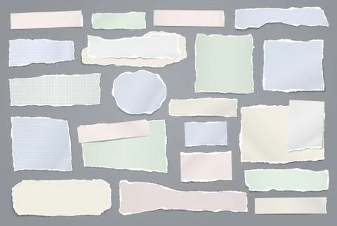 Torn of white and colorful note, notebook paper strips and pieces stuck on grey Stock Illustration