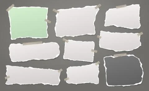 Torn of white and colorful note, notebook paper strips and pieces stuck with Stock Illustration