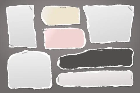 Torn of white and colorful note, notebook paper strips and pieces stuck with Stock Illustration