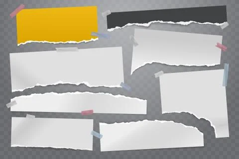 Torn of white and colorful note, notebook paper strips and pieces stuck with Stock Illustration