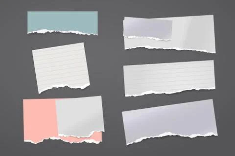 Torn of white and colorful note, notebook paper strips and pieces stuck on black Stock Illustration