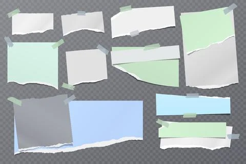 Torn white and colorful note, notebook paper strips and pieces stuck on dark Stock Illustration